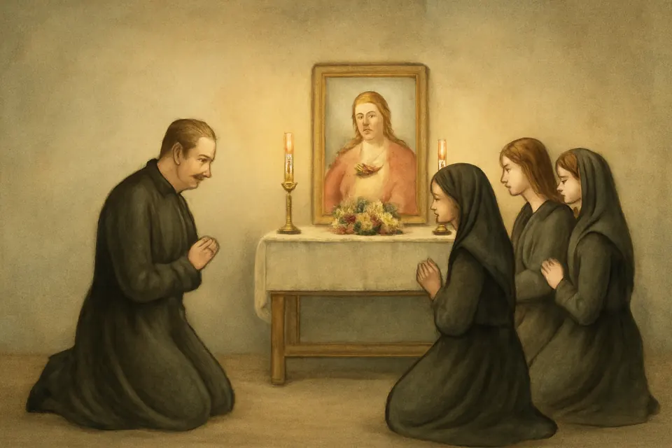 Watercolor-style scene of a priest and four young women kneeling in adoration before a picture of the Sacred Heart in a plain room