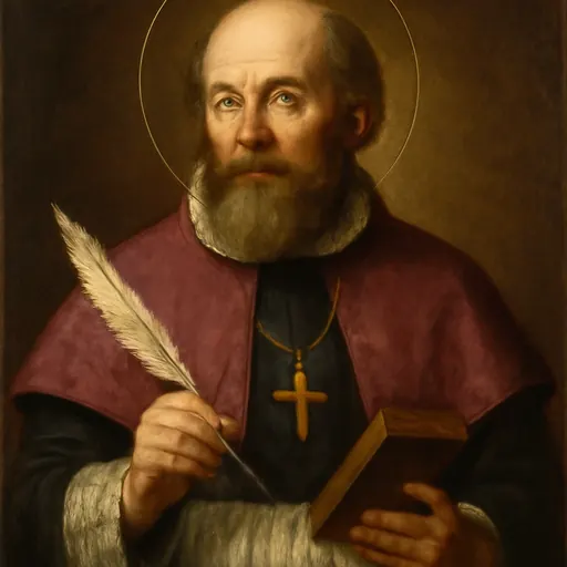 Oil-painting-style portrait of St. Francis de Sales, a balding bishop with a full brown beard in a black cassock and white rochet, holding a book and a quill