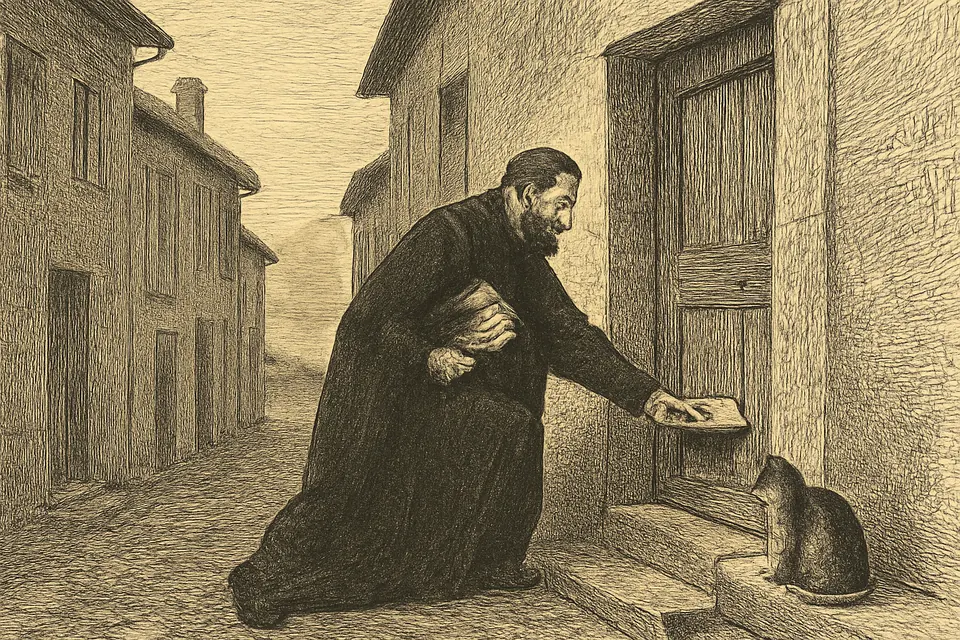 Illustration of the young priest Francis de Sales sliding a handwritten leaflet under the door of a house in Thonon at dawn