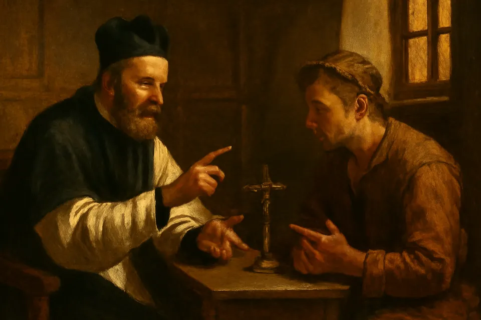 Illustration of Bishop Francis de Sales teaching a deaf young man by gestures in a plain room