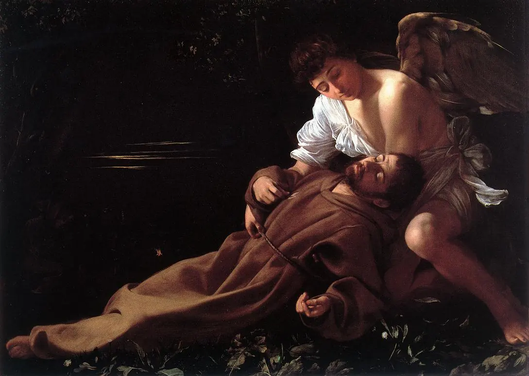 Dark Baroque painting of Francis swooning on his back in a night landscape, supported in the arms of a young angel