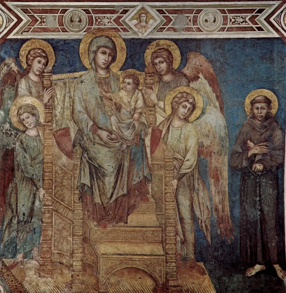 Medieval fresco of the Virgin and Child on a wooden throne between four angels, with a thin, bearded St. Francis in a brown habit standing at the right, showing the wound in his side