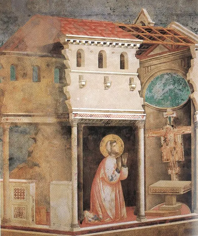 Fresco of Francis kneeling in a half-ruined church before a painted crucifix on the altar, with the roof broken open above him
