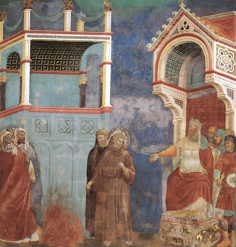 Fresco of Francis and a companion standing before an enthroned sultan, pointing to a fire on the ground, while the sultan's turbaned advisers turn away