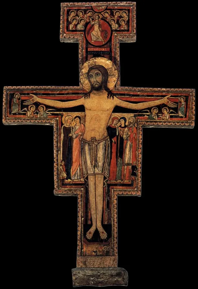 Painted wooden cross showing the crucified Christ with open eyes, flanked by small figures of Mary, John and others, against a black background
