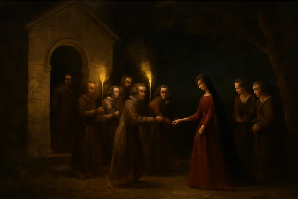 Illustration of St. Clare arriving at night at the chapel of the Porziuncola, where friars meet her with torches