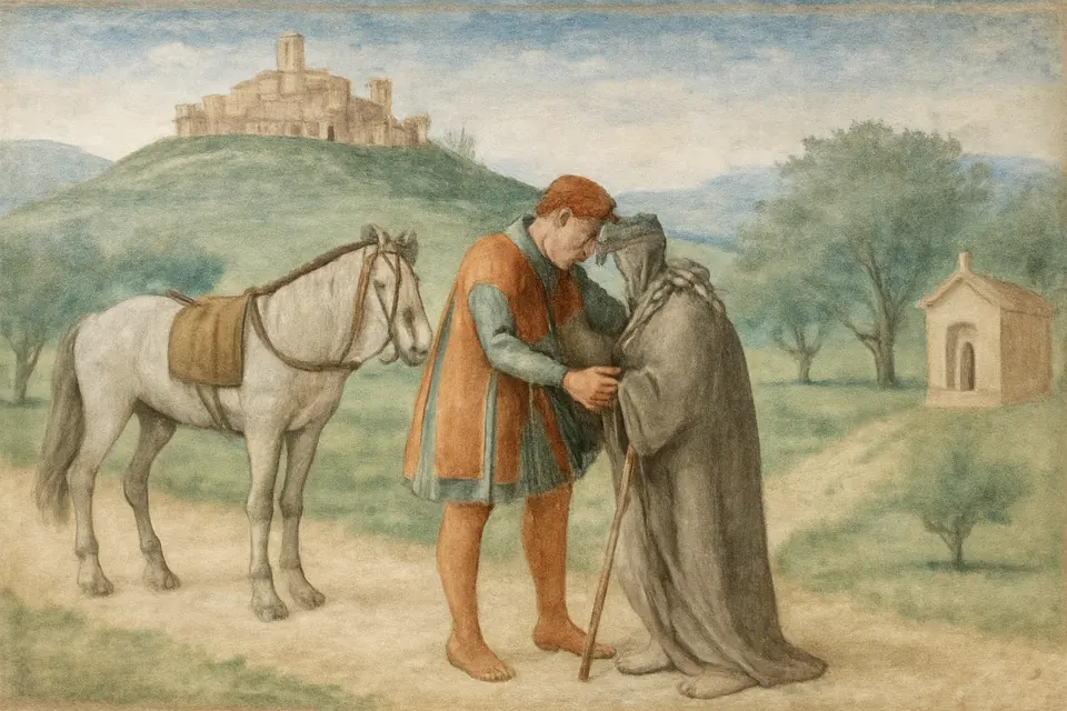 Illustration of the young Francis dismounting to embrace a leper on a road in the Umbrian plain