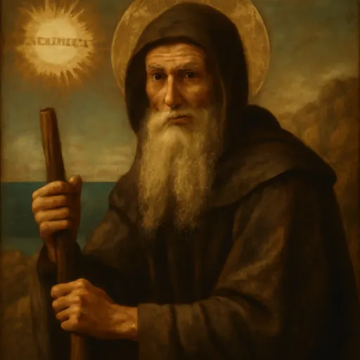 Oil-painting-style portrait of St. Francis of Paola as an old hermit with a long white beard in a brown hooded habit, leaning on a staff, with a sunburst bearing the word CHARITAS