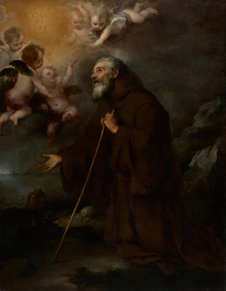 Murillo's painting of an old bearded hermit in a brown habit leaning on a staff, looking up at cherubs in a golden glow that holds the word Charitas