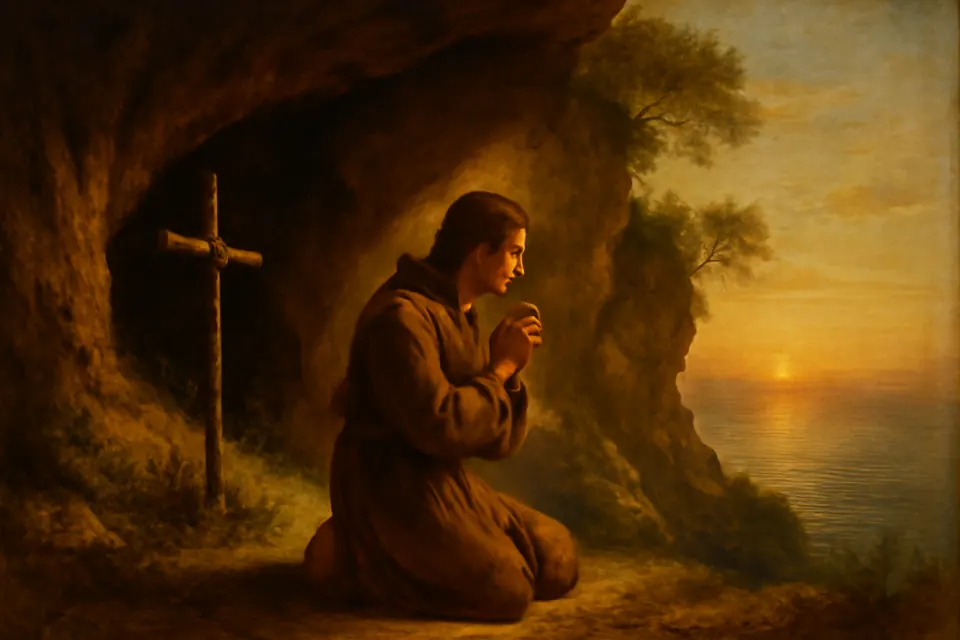 Illustration of a teenage hermit praying in a cave above the sea on the coast of Calabria