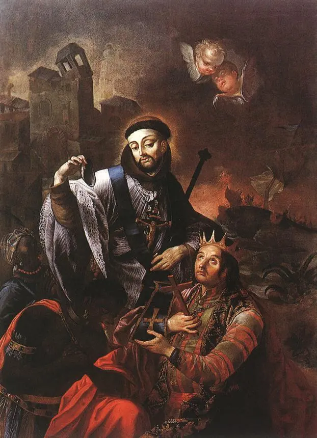 Rococo painting of a Franciscan in a white surplice baptizing a crowned Native ruler kneeling before him, with cherubs in the dark sky above