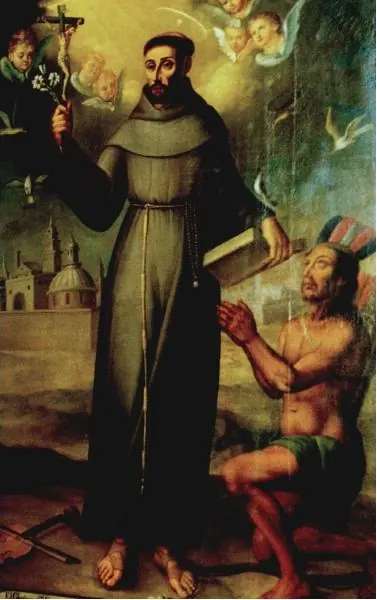 Colonial Peruvian painting of a bearded Franciscan holding a crucifix and a book while a kneeling Native man in a feathered headdress looks up at him
