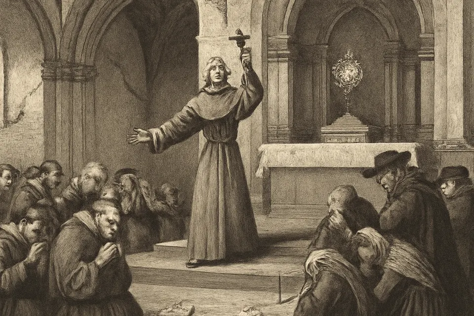 Illustration of Francis Solanus preaching repentance in the Franciscan church of Lima after an earthquake while the frightened people kneel