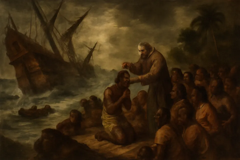 Illustration of Francis Solanus baptizing enslaved Africans on a wrecked ship stranded on rocks in a storm