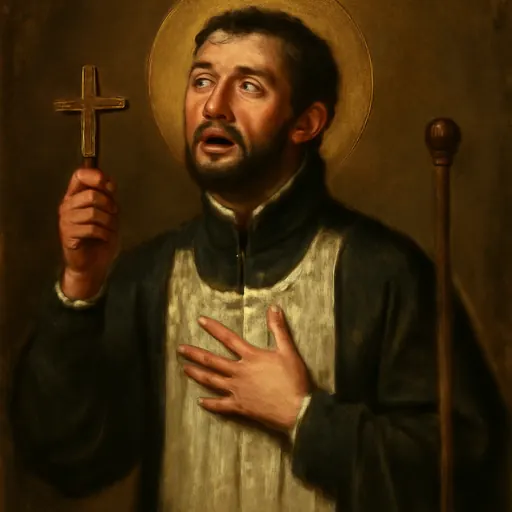 Oil-painting-style portrait of St. Francis Xavier as a young bearded Jesuit priest in a black cassock, holding a crucifix and looking upward