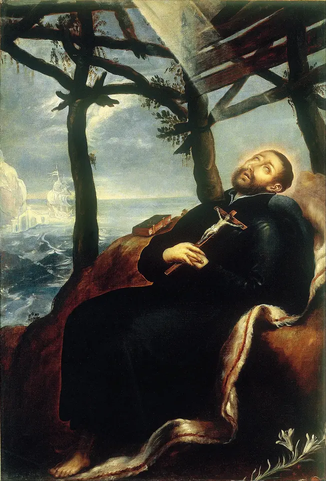 Painting of the dying Francis Xavier lying under a rough shelter of branches on a beach, clutching a crucifix, with a stormy sea behind him