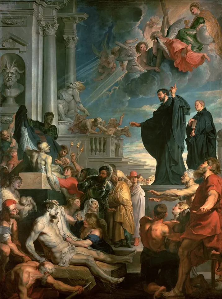 Baroque altarpiece of Francis Xavier on a stone platform raising his hand as the sick, the blind and the dead are healed and raised around him, while a pagan idol topples at left
