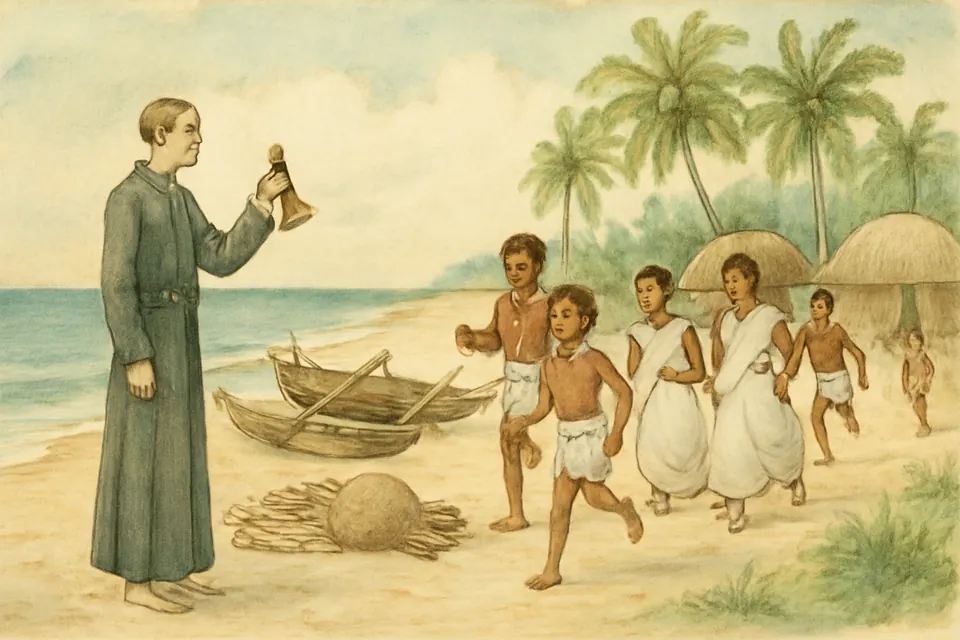 Illustration of Francis Xavier ringing a hand bell on a palm-lined beach in southern India as village children run to him to learn the catechism