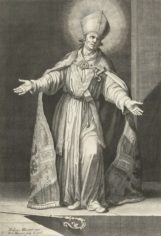 An engraving of a haloed bishop in cope and miter standing with both arms spread open, the edges of his cope falling to the floor