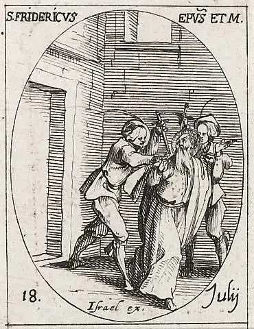 A small oval etching of two men seizing a bearded bishop in a doorway, one raising a dagger, labeled for July 18
