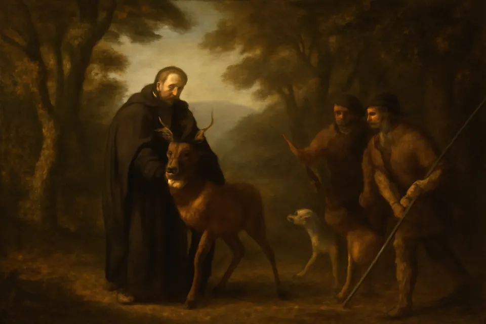 Oil-painting-style scene of a monk shielding a young stag with his cloak as hunters with spears and dogs pull up short in a forest