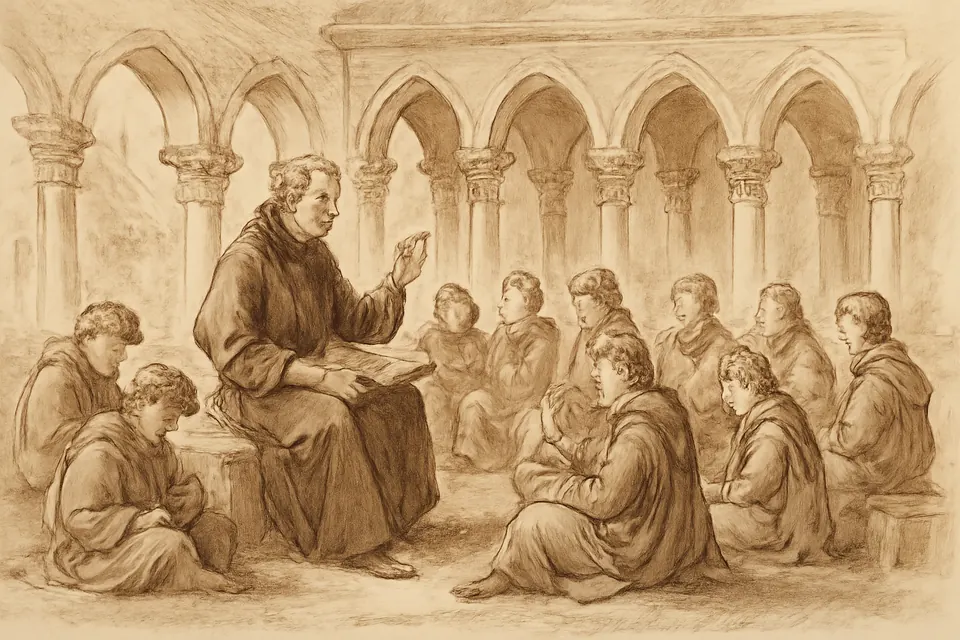Ink drawing of a teacher seated with a book in a medieval cloister, surrounded by young students listening and writing on wax tablets