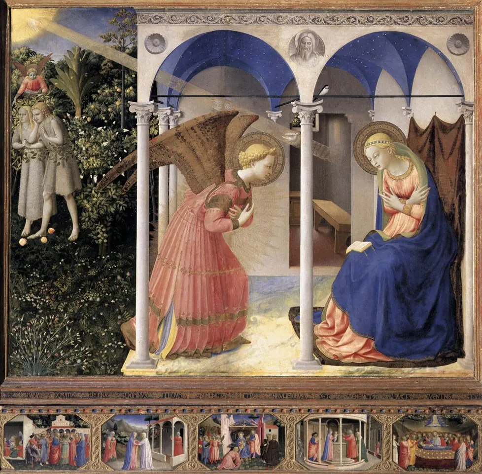 Altarpiece of a kneeling angel with rainbow wings in a rose gown bowing toward the Virgin Mary seated under a blue-vaulted loggia, with Adam and Eve driven from a garden at the left