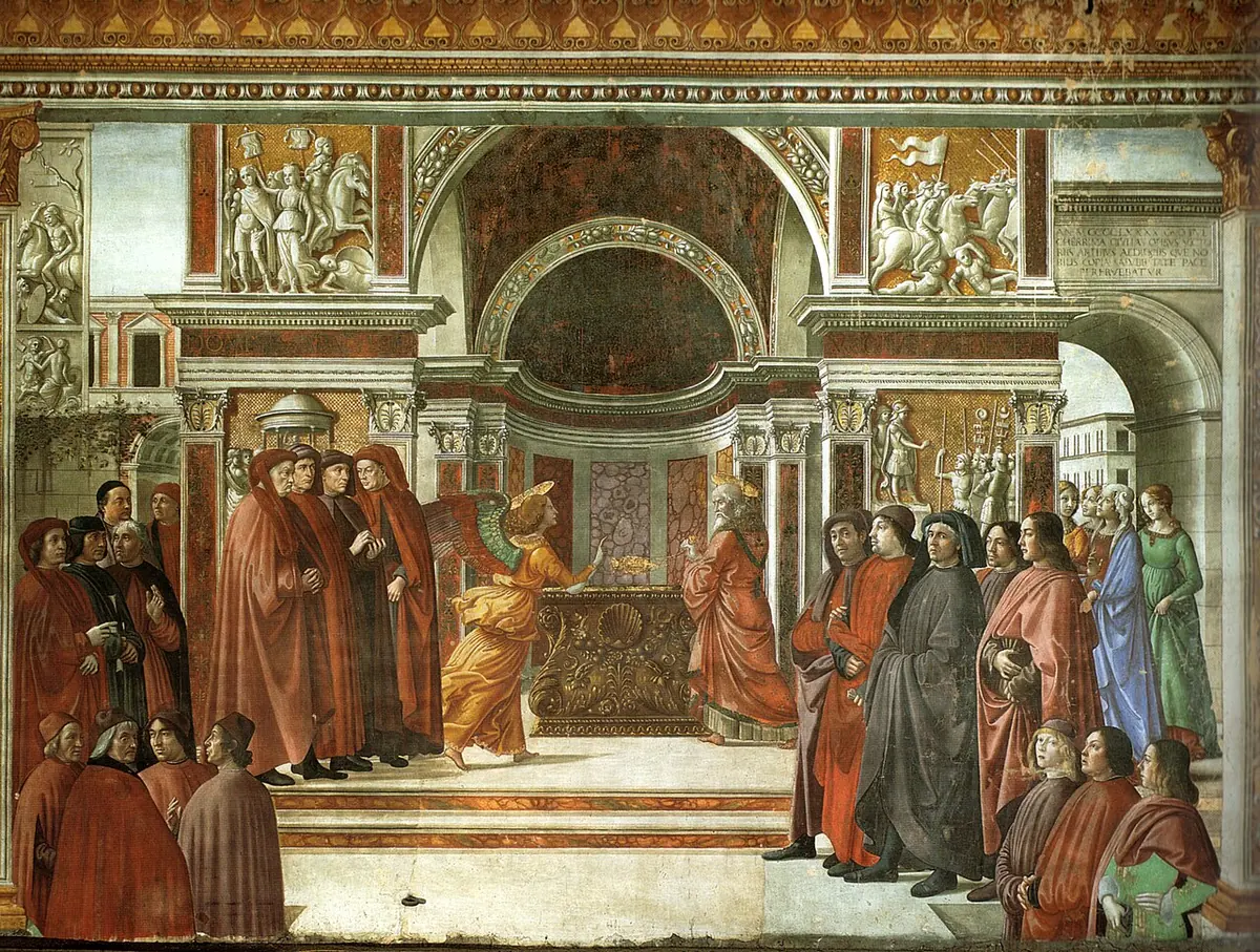 Renaissance fresco of an angel appearing to an old priest at an altar inside a grand classical temple, watched by crowds of Florentine citizens in red robes