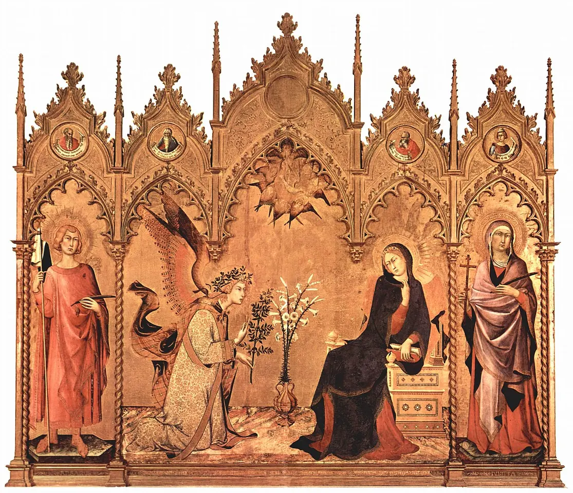 Gothic gold-ground altarpiece of a kneeling angel holding an olive branch and greeting the Virgin Mary, who draws back on her throne, between two standing saints