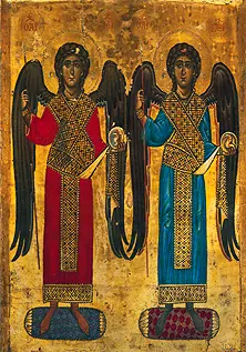Byzantine icon of two standing archangels with dark wings in jeweled imperial robes, one in red and one in blue, each holding a staff and an orb, on a gold ground