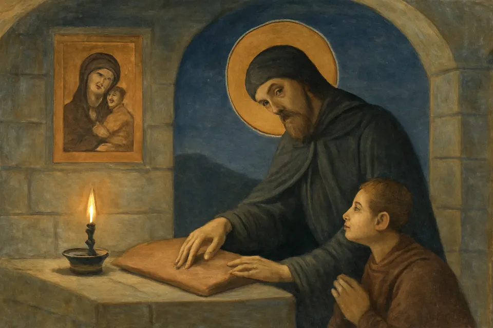 Illustration of a mysterious monk writing a hymn with his finger on a roof tile in a cell on Mount Athos, as a young monk watches in awe