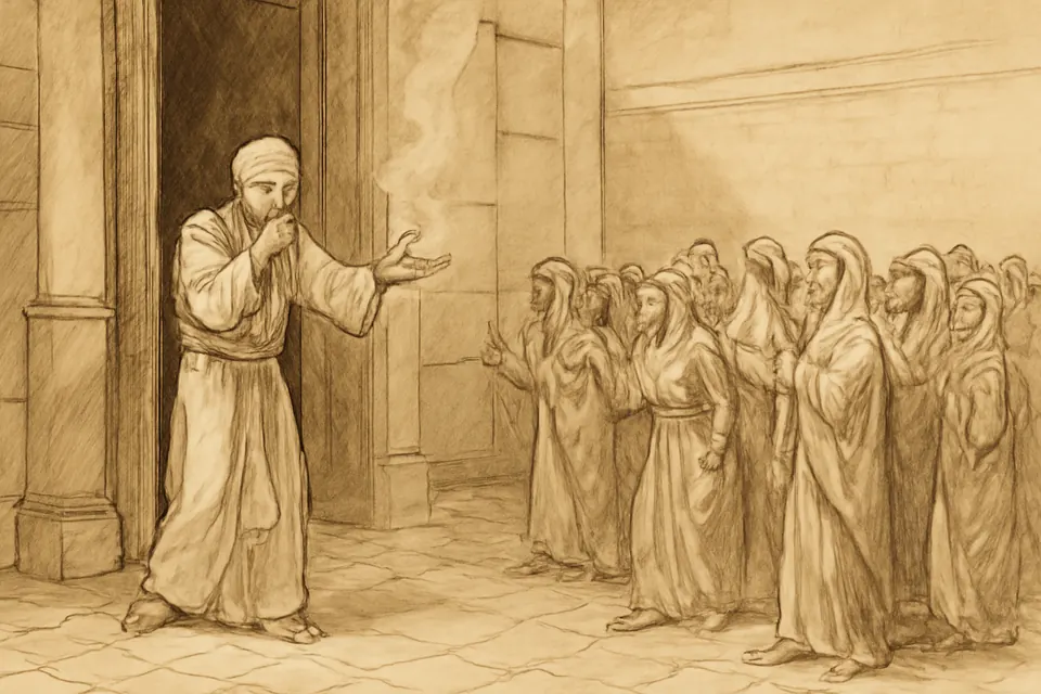 Illustration of the old priest Zechariah coming out of the Temple sanctuary, unable to speak, making signs to the waiting crowd