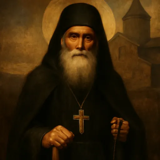 Oil-painting-style portrait of St. Gabriel Urgebadze as an elderly Georgian monk in a black habit and hood, with a long white beard and a pectoral cross
