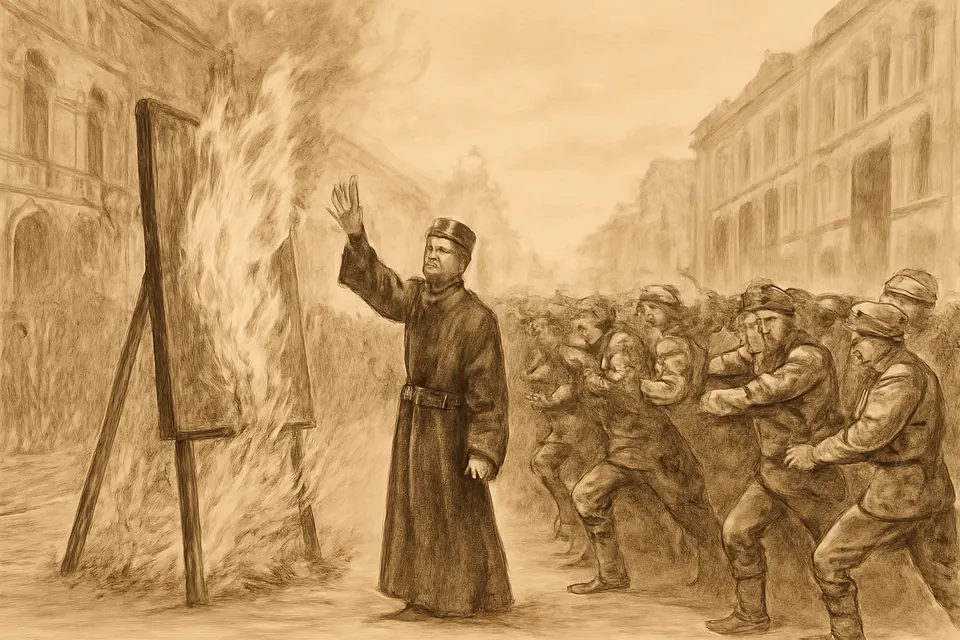 Ink-drawing-style scene of a young monk in a black cassock standing before a burning giant portrait banner as a May Day crowd surges forward in 1960s Tbilisi