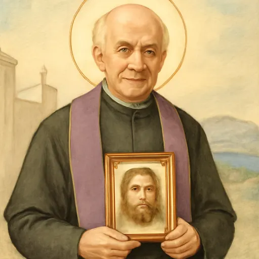 Watercolor-style portrait of St. Gaetano Catanoso, an elderly bald Italian priest in a black cassock holding a small image of the Holy Face