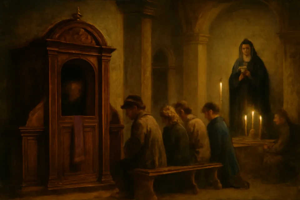 Oil-painting-style scene of townspeople waiting in a candlelit church beside a wooden confessional where a priest hears confessions