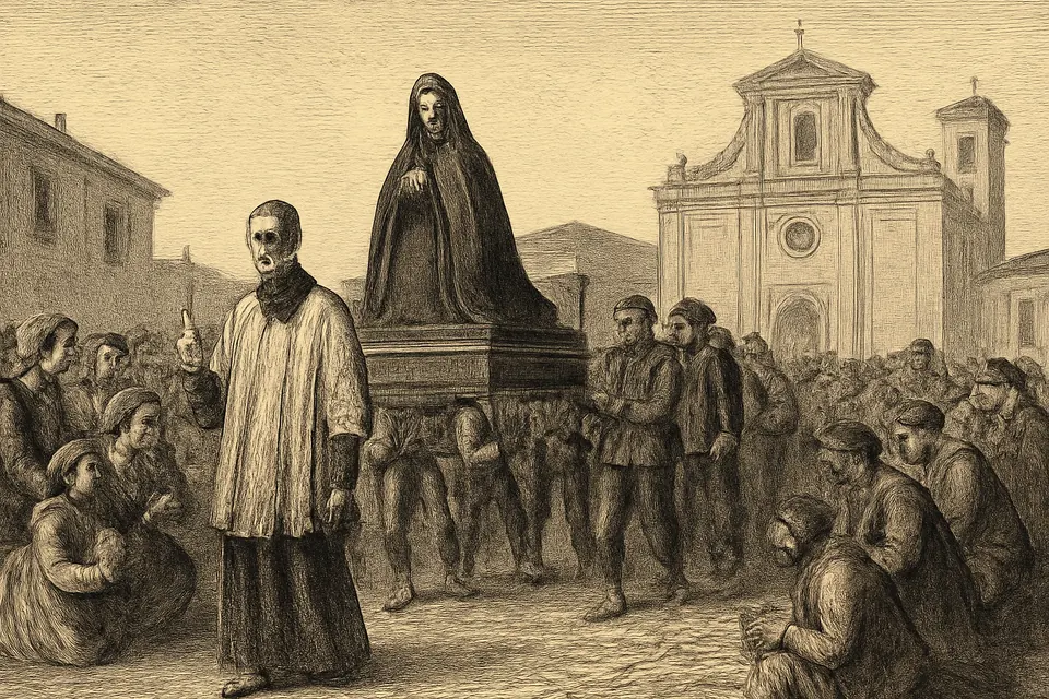 Engraving-style scene of a crowd of villagers welcoming a new statue of Our Lady of Sorrows carried in procession in 1835