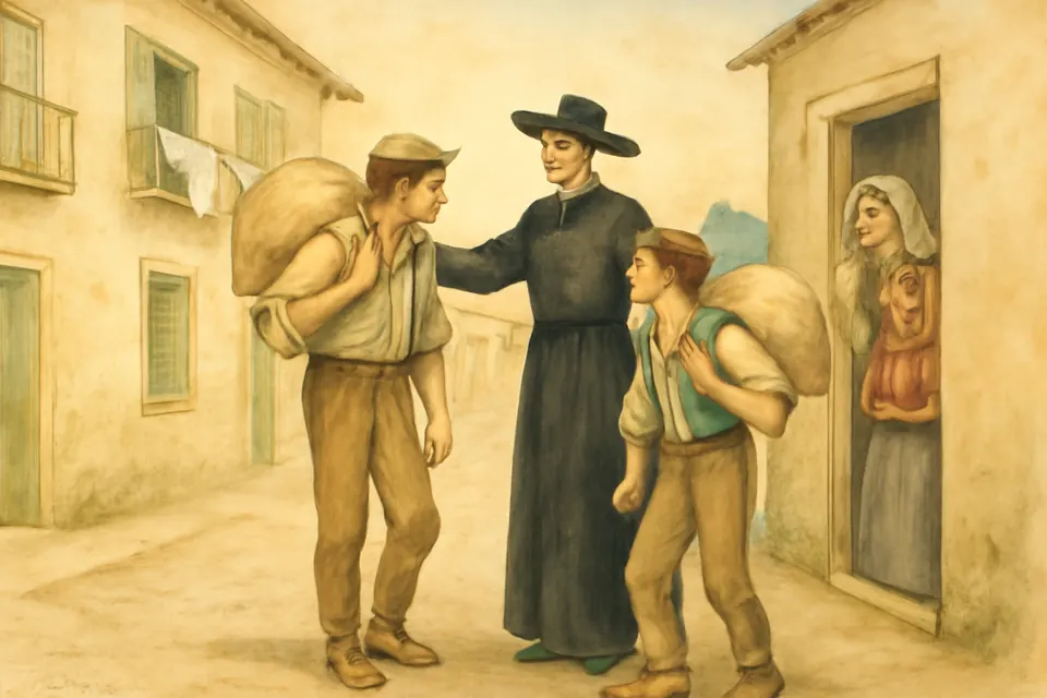 Watercolor-style scene of a priest in a black cassock greeting working men on a sunny village street near Naples in the early 1800s