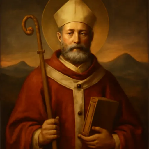 Oil-painting-style portrait of St. Gall of Clermont, a sixth-century Gallic bishop with a gray beard, in a white miter and red chasuble, holding a crozier and a book