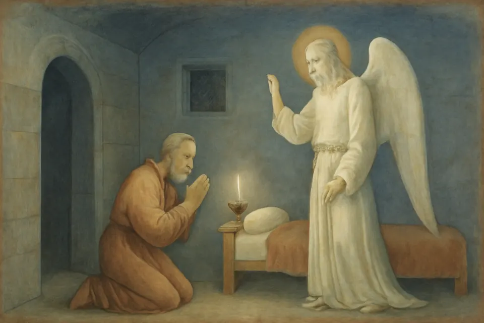Fresco-style scene of an angel with snow-white hair and robes appearing at night to an old bishop praying beside his bed
