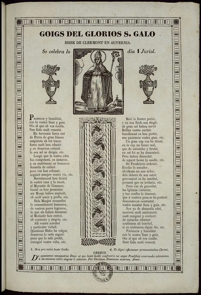 A printed devotional song sheet with a woodcut of a bishop with a crozier at the top between two flower vases, and columns of verses below in a decorated border