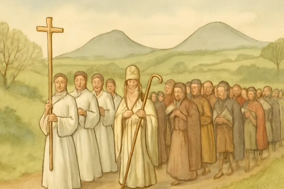 Watercolor scene of a long line of townspeople and clergy walking on foot through green volcanic hills, singing psalms behind a cross