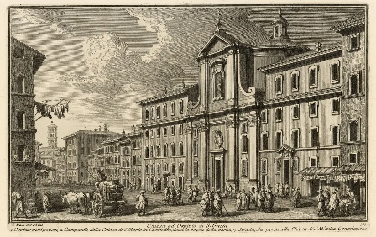 An eighteenth-century engraving of a Roman street with a church facade and a long hospice building, carts and people in the square and a bell tower in the distance