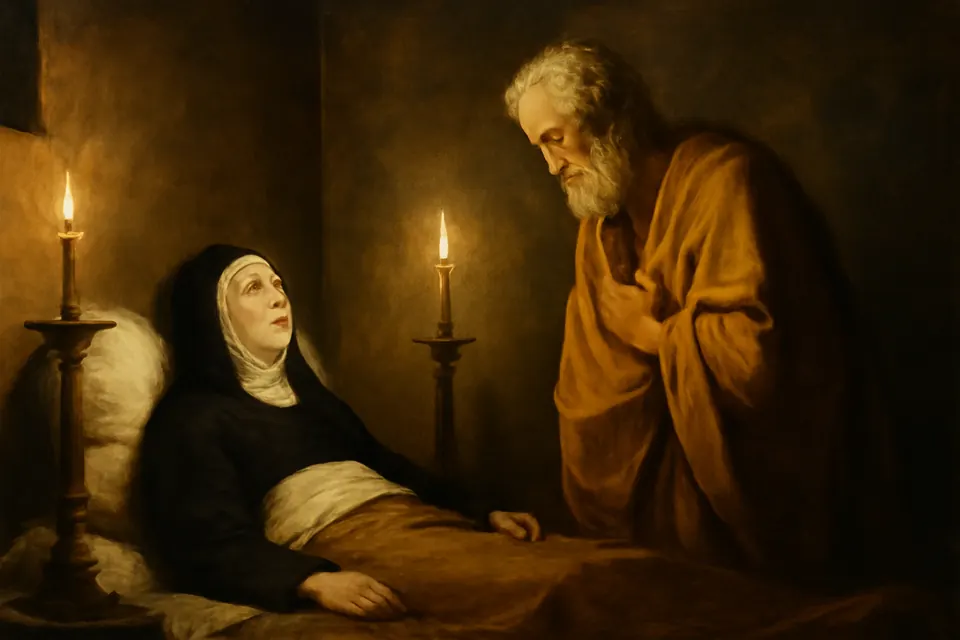 Oil-painting-style scene of St. Peter appearing between two lit candlesticks at the bedside of a dying nun, who looks up at him unafraid