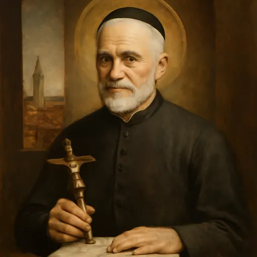 Oil-painting-style portrait of St. Gaspar Bertoni, an elderly Italian priest with white hair in a black cassock and skullcap, holding a crucifix over an open book