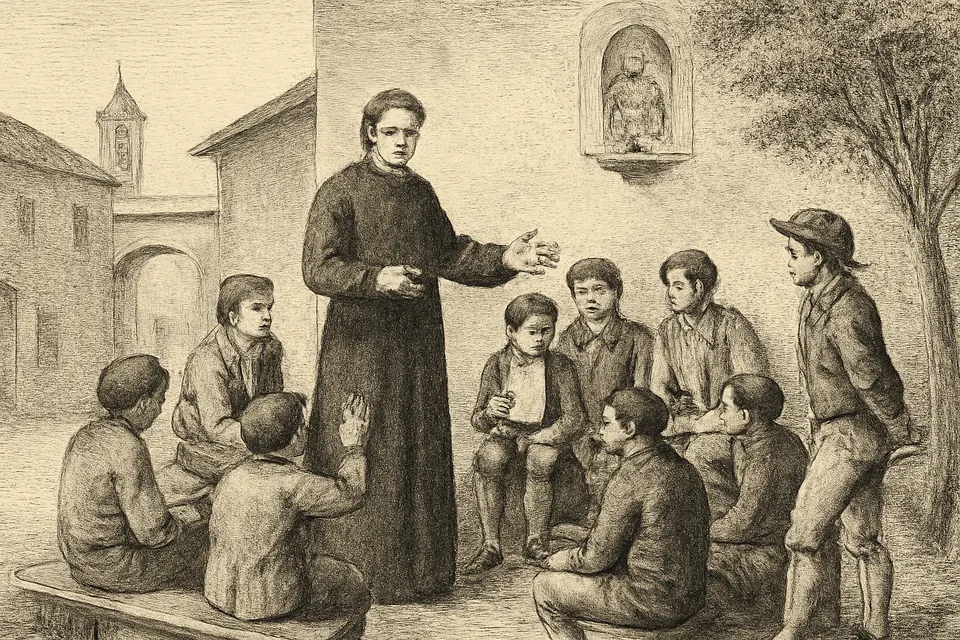 Engraving-style scene of a young priest in a cassock teaching a group of boys and young men gathered before an image of the Virgin Mary in a parish courtyard