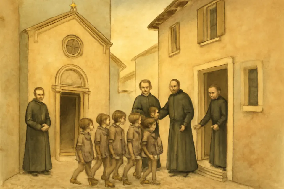 Watercolor scene of a small church and house in Verona where a few priests welcome poor boys into a free school