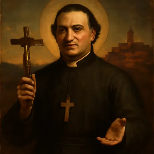 Oil-painting-style portrait of St. Gaspar del Bufalo as a Roman priest in a black cassock, holding up a large mission crucifix