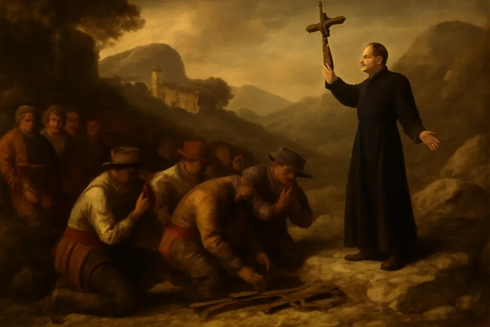 Oil-painting-style illustration of brigands laying their guns at the feet of Gaspar del Bufalo as he preaches with a crucifix in the mountains south of Rome