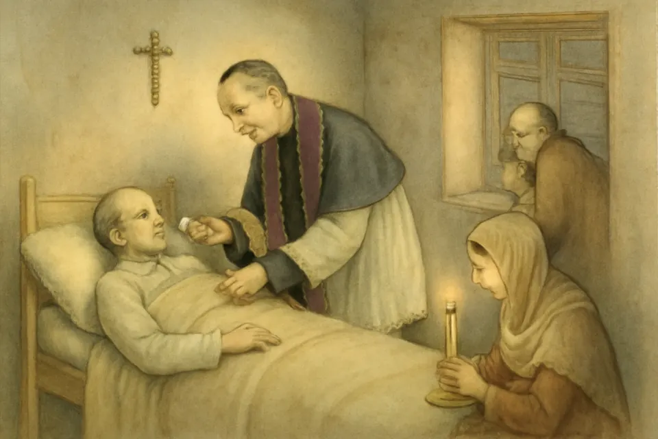 Watercolor illustration of Gaspar del Bufalo, pale and ill, bringing the sacraments to a cholera victim in Rome in 1837
